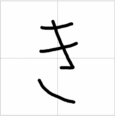 Hiragana character “き” with step-by-step writing guide, showing stroke order and how to write each line.