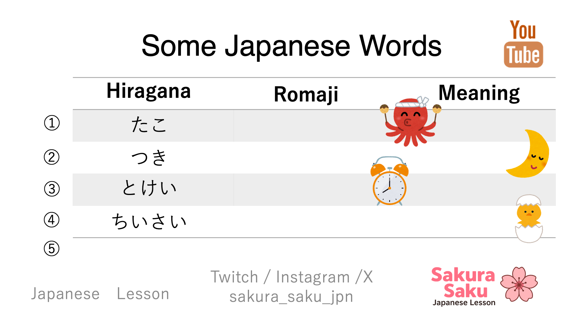 Japanese vocabulary practice using Ta-gyo hiragana with picture hints